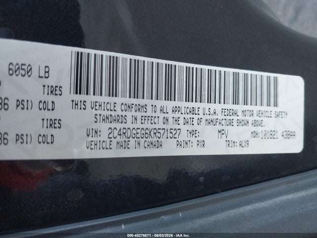 45276571 :رقم المزاد ، 2C4RDGEG6KR571527 vin ، 2019 Dodge Grand Caravan Gt مزاد بيع