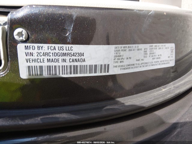 Продаж на аукціоні авто 2021 Chrysler Voyager Lxi, vin: 2C4RC1DG0MR542304, номер лоту: 45276574