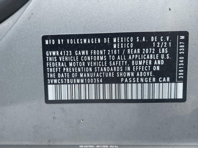 2021 Volkswagen Jetta 1.4t R-line/1.4t S/1.4t Se მანქანა იყიდება აუქციონზე, vin: 3VWC57BU8MM100354, აუქციონის ნომერი: 45276581
