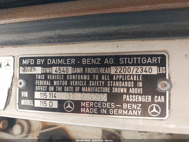 Aukcja sprzedaży 1976 Mercedes-benz 300, vin: 11511412044949, numer aukcji: 45276585