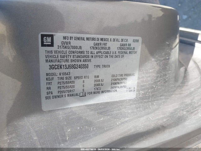 Продаж на аукціоні авто 2008 Chevrolet Silverado 1500 Lt1, vin: 3GCEK13J68G240350, номер лоту: 45276619