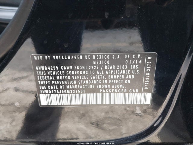 Продаж на аукціоні авто 2016 Volkswagen Jetta 1.8t Sport, vin: 3VWD17AJ9GM337561, номер лоту: 45276630