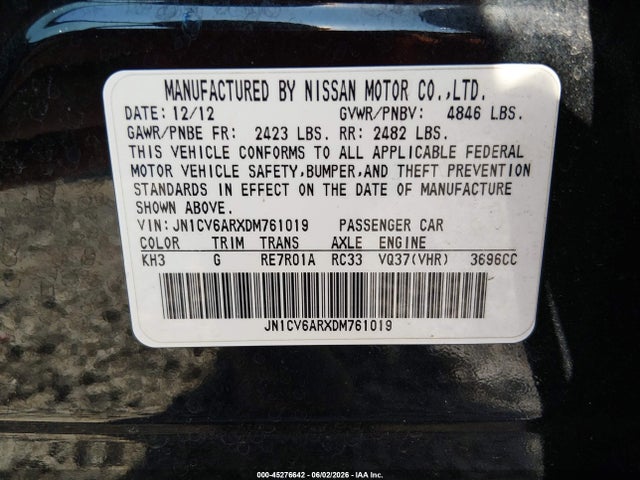 45276642 :رقم المزاد ، JN1CV6ARXDM761019 vin ، 2013 Infiniti G37x مزاد بيع