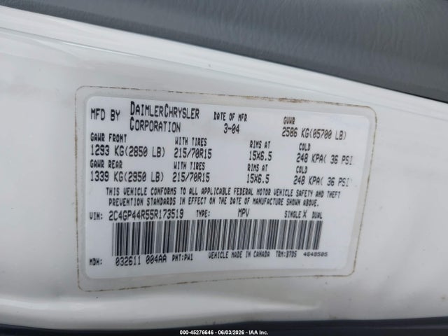 45276646 :رقم المزاد ، 2C4GP44R55R173519 vin ، 2005 Chrysler Town & Country Lx مزاد بيع