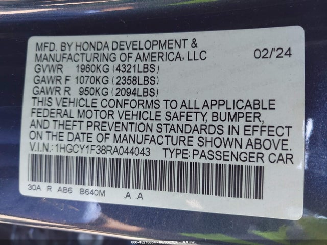 Продаж на аукціоні авто 2024 Honda Accord Ex, vin: 1HGCY1F38RA044043, номер лоту: 45276654