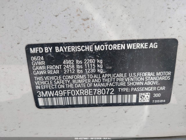 2024 Bmw M340i M340i Xdrive მანქანა იყიდება აუქციონზე, vin: 3MW49FF0XR8E78072, აუქციონის ნომერი: 45276661