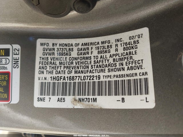 45276668 :رقم المزاد ، 1HGFA16877L072219 vin ، 2007 Honda Civic Ex مزاد بيع