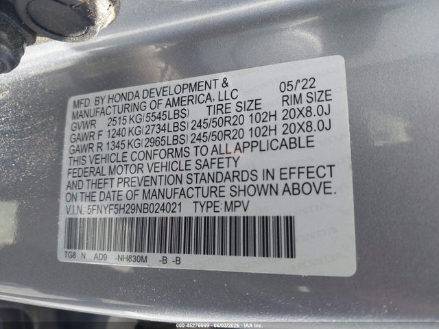 5FNYF5H29NB024021 Honda Pilot 2wd Special Edition