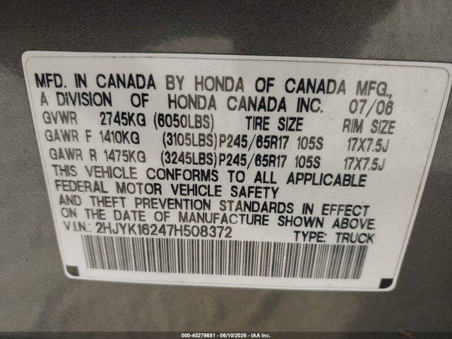 2007 Honda Ridgeline Rt მანქანა იყიდება აუქციონზე, vin: 2HJYK16247H508372, აუქციონის ნომერი: 45276681