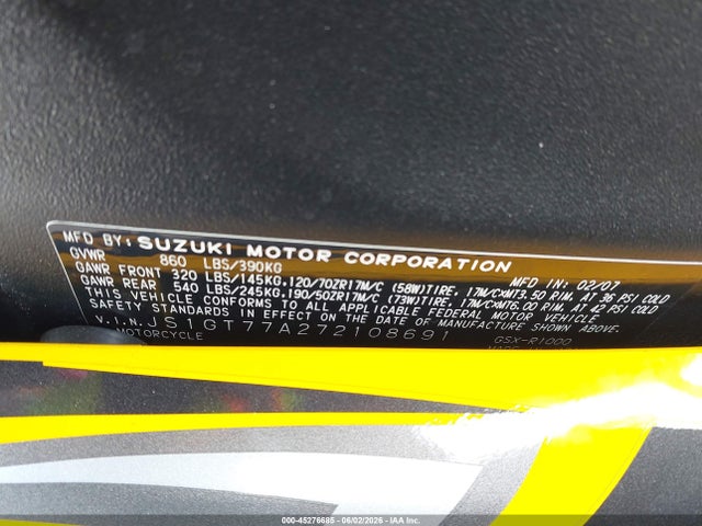 Aukcja sprzedaży 2007 Suzuki Gsx-r1000, vin: JS1GT77A272108691, numer aukcji: 45276685