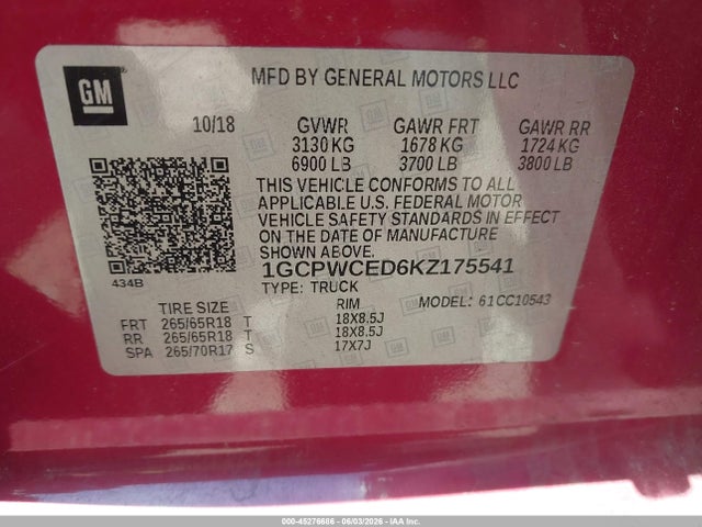 Продаж на аукціоні авто 2019 Chevrolet Silverado 1500 Lt, vin: 1GCPWCED6KZ175541, номер лоту: 45276686