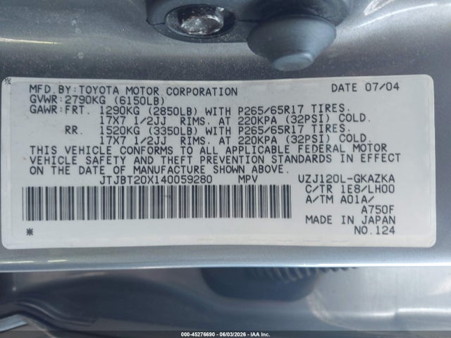 Продаж на аукціоні авто 2004 Lexus Gx 470, vin: JTJBT20X140059280, номер лоту: 45276690