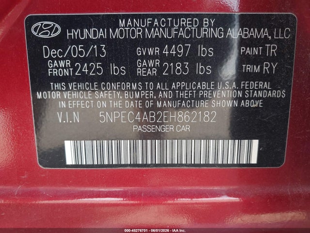 Aukcja sprzedaży 2014 Hyundai Sonata Se 2.0t, vin: 5NPEC4AB2EH862182, numer aukcji: 45276701