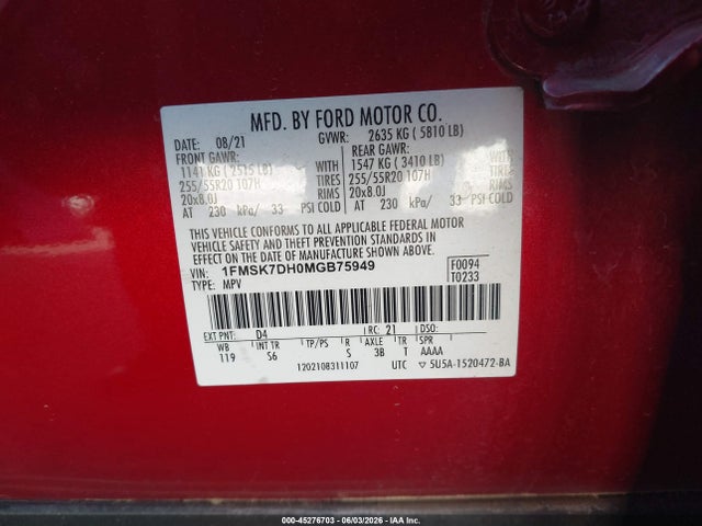 45276703 :رقم المزاد ، 1FMSK7DH0MGB75949 vin ، 2021 Ford Explorer Xlt مزاد بيع