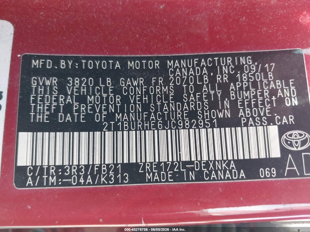 2T1BURHE6JC982951 Toyota COROLLA LE