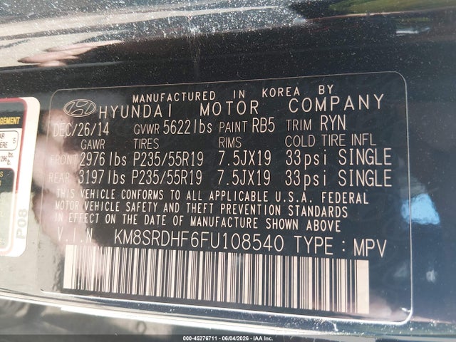 2015 Hyundai Santa Fe Gls მანქანა იყიდება აუქციონზე, vin: KM8SRDHF6FU108540, აუქციონის ნომერი: 45276711