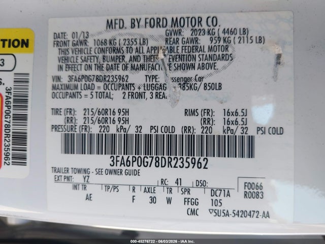 Aukcja sprzedaży 2013 Ford Fusion S, vin: 3FA6P0G78DR235962, numer aukcji: 45276722