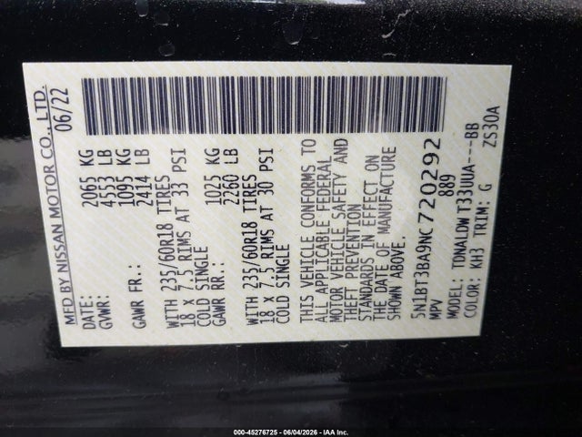 5N1BT3BA9NC720292 Nissan Rogue Sv Fwd