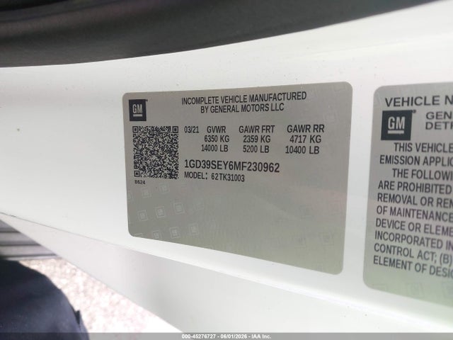45276727 :رقم المزاد ، 1GD39SEY6MF230962 vin ، 2021 Gmc Sierra 3500hd Chassis مزاد بيع