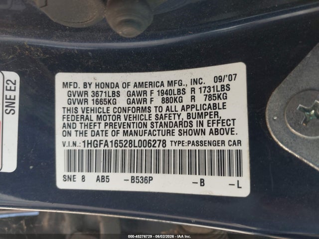 45276729 :رقم المزاد ، 1HGFA16528L006278 vin ، 2008 Honda Civic Lx مزاد بيع