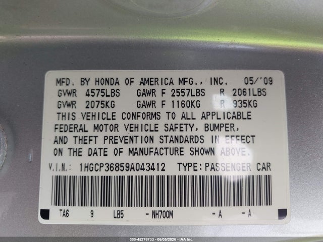 Aukcja sprzedaży 2009 Honda Accord 3.5 Ex-l, vin: 1HGCP36859A043412, numer aukcji: 45276733