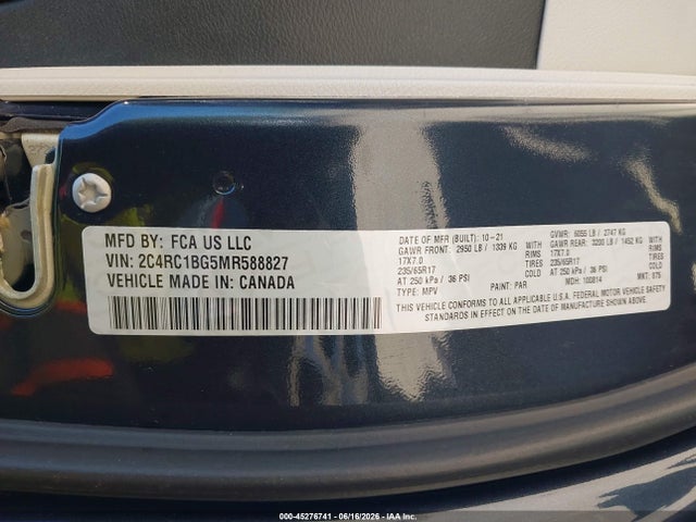 45276741 :رقم المزاد ، 2C4RC1BG5MR588827 vin ، 2021 Chrysler Pacifica Touring L مزاد بيع