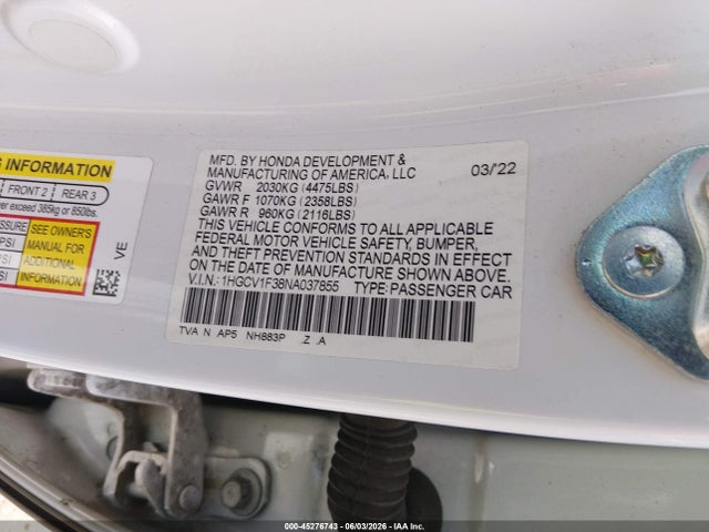 Продаж на аукціоні авто 2022 Honda Accord Sport, vin: 1HGCV1F38NA037855, номер лоту: 45276743