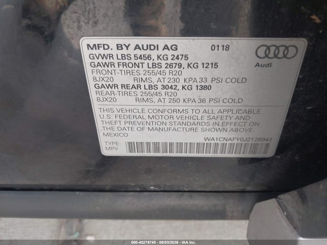 WA1CNAFY0J2126943 Audi Q5 2.0t Premium/2.0t Tech Premium