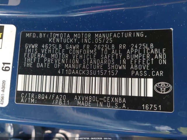 45276758 :رقم المزاد ، 4T1DAACK3SU157157 vin ، 2025 Toyota Camry Le مزاد بيع