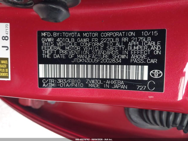 45276762 :رقم المزاد ، JTDKN3DU5F2002834 vin ، 2015 Toyota Prius Two مزاد بيع