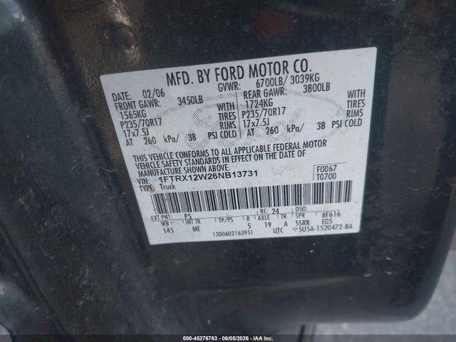 45276763 :رقم المزاد ، 1FTRX12W26NB13731 vin ، 2006 Ford F-150 Stx/xl/xlt مزاد بيع