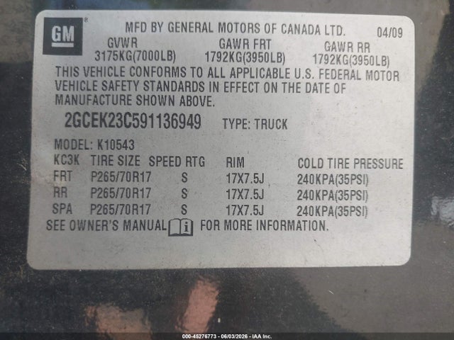 Aukcja sprzedaży 2009 Chevrolet Silverado 1500 Lt, vin: 2GCEK23C591136949, numer aukcji: 45276773