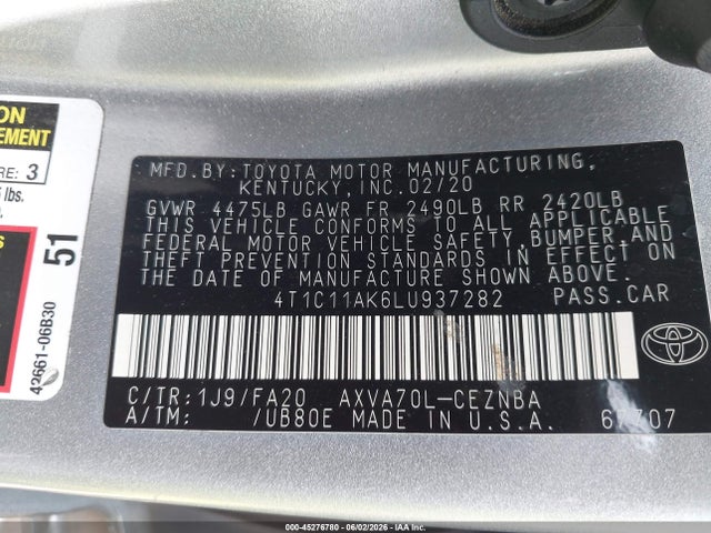 2020 Toyota Camry Le მანქანა იყიდება აუქციონზე, vin: 4T1C11AK6LU937282, აუქციონის ნომერი: 45276780