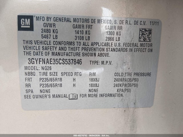 Aukcja sprzedaży 2012 Cadillac Srx Luxury Collection, vin: 3GYFNAE35CS537846, numer aukcji: 45276782