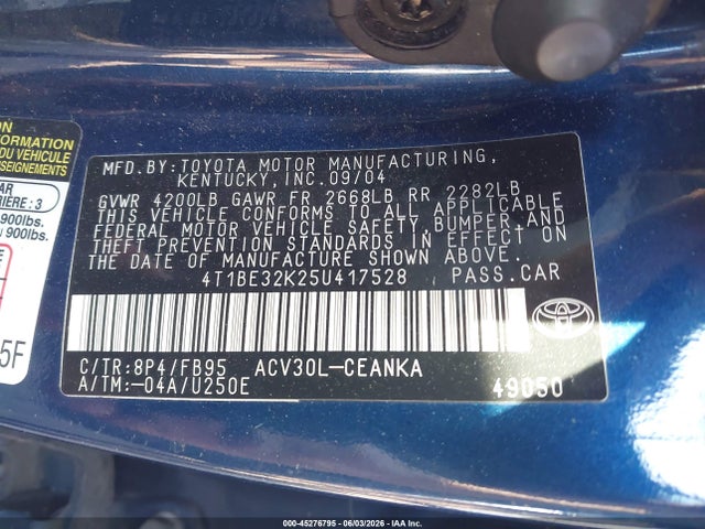 Продаж на аукціоні авто 2005 Toyota Camry Le, vin: 4T1BE32K25U417528, номер лоту: 45276795