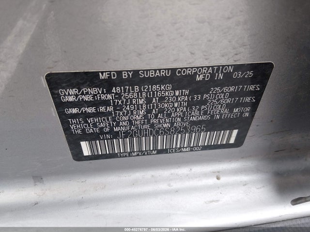 Aukcja sprzedaży 2025 Subaru Crosstrek Premium, vin: JF2GUHDC6S8253965, numer aukcji: 45276797