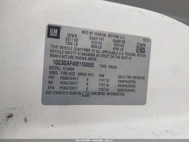45276808 :رقم المزاد ، 1GCSGAF49E1150565 vin ، 2014 Chevrolet Express 1500 Work Van مزاد بيع