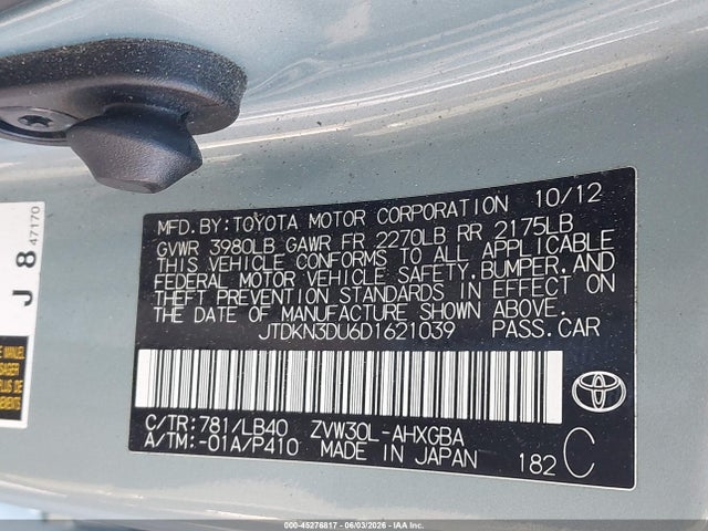 Продаж на аукціоні авто 2013 Toyota Prius Four, vin: JTDKN3DU6D1621039, номер лоту: 45276817