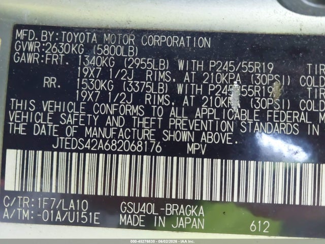 45276830 :رقم المزاد ، JTEDS42A682068176 vin ، 2008 Toyota Highlander Limited مزاد بيع