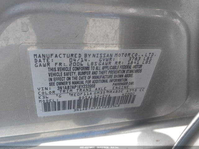 2014 Nissan Sentra Sv მანქანა იყიდება აუქციონზე, vin: 3N1AB7AP1EY233968, აუქციონის ნომერი: 45276831