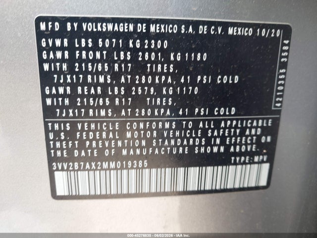 2021 Volkswagen Tiguan 2.0t Se/2.0t Se R-line Black/2.0t Sel მანქანა იყიდება აუქციონზე, vin: 3VV2B7AX2MM019385, აუქციონის ნომერი: 45276835