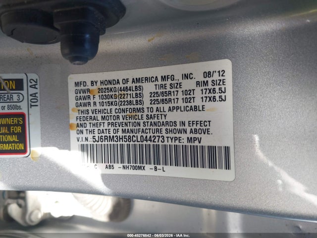 Aukcja sprzedaży 2012 Honda Cr-v Ex, vin: 5J6RM3H58CL044273, numer aukcji: 45276842