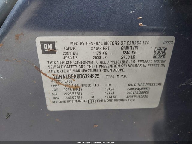 2013 Chevrolet Equinox Ls მანქანა იყიდება აუქციონზე, vin: 2GNALBEK0D6324975, აუქციონის ნომერი: 45276862