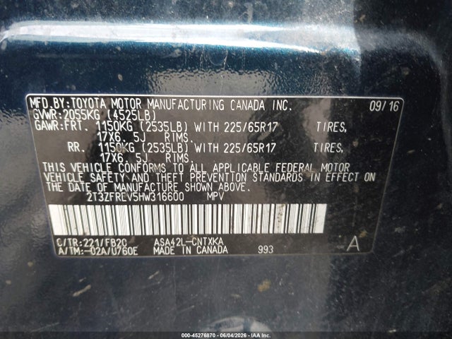 Aukcja sprzedaży 2017 Toyota Rav4 Le, vin: 2T3ZFREV5HW316600, numer aukcji: 45276870