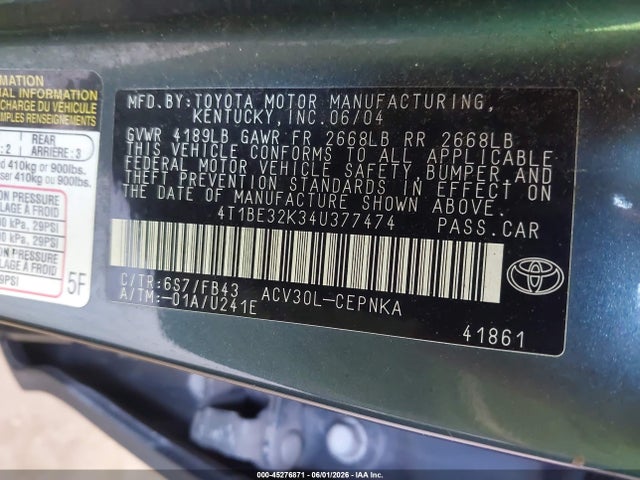 Aukcja sprzedaży 2004 Toyota Camry Le, vin: 4T1BE32K34U377474, numer aukcji: 45276871
