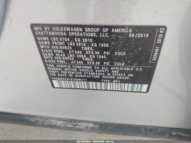 1V2WR2CA1KC596171 Volkswagen Atlas 3.6l V6 Se W/technology