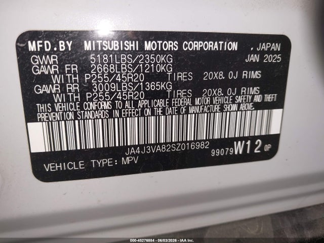 Aukcja sprzedaży 2025 Mitsubishi Outlander Se 2.5 2wd, vin: JA4J3VA82SZ016982, numer aukcji: 45276884