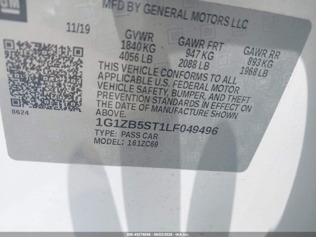 Aukcja sprzedaży 2020 Chevrolet Malibu Fwd Ls, vin: 1G1ZB5ST1LF049496, numer aukcji: 45276886