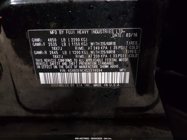 45276892 :رقم المزاد ، 4S4BSENC4G3314094 vin ، 2016 Subaru Outback 3.6r Limited مزاد بيع