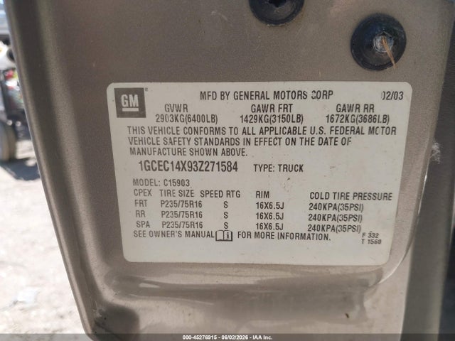 2003 Chevrolet Silverado 1500 Work Truck მანქანა იყიდება აუქციონზე, vin: 1GCEC14X93Z271584, აუქციონის ნომერი: 45276915